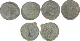 Celtiberian Coins
Lote 3 monedas Semis. 200-20 a.C. MALACA (MÁLAGA). Anv.: Cabeza de Vulcano con gorro plano, detrás leyenda neopúnica y tenazas detr...