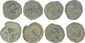 Celtiberian Coins
Lote 4 monedas Sextante. 200-20 a.C. MALACA (MÁLAGA). Anv.: Cabeza de Vulcano a derecha con gorro puntiagudo (una variante con gorr...