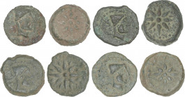 Celtiberian Coins
Lote 4 monedas Sextante. 200-20 a.C. MALACA (MÁLAGA). Anv.: Cabeza de Vulcano a derecha con gorro puntiagudo fileteado de puntos, d...