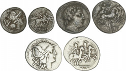 Roman Coins
Republic
Lote 3 monedas Quinario y Denario (2). ANONIMAS. AR. Los Denarios: uno tipo cabeza de Roma a derecha, detras X / Dioscuros a ga...