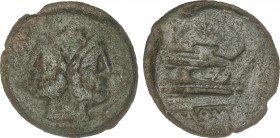 Roman Coins
Republic
As. 179-170 a.C. MATIENA. Matienus. Anv.: Cabeza de Jano bifronte. Rev.: Proa de nave a derecha, encima; MAT, delante I, debajo...