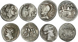 Roman Coins
Republic
Lote 4 monedas Denario. MINUCIA, SERVILIA, SCRIBONIA, POMPONIA. AR. A EXAMINAR. FFC-928, 1030, 1102, 1118. MBC- a MBC.