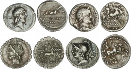 Roman Coins
Republic
Lote 4 monedas Denario. CALPURNIA, CORNELIA, FARSULEIA, SERVILIA. AR. A EXAMINAR. FFC-245, 612, 707, 1118. MBC- a MBC+.