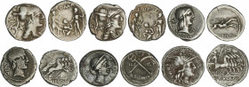 Roman Coins
Republic
Lote 6 monedas Denario. CALPURNIA, SICINIA, TULLIA, VETURIA (2), VIBIA. AR. A EXAMINAR. BC a MBC-.