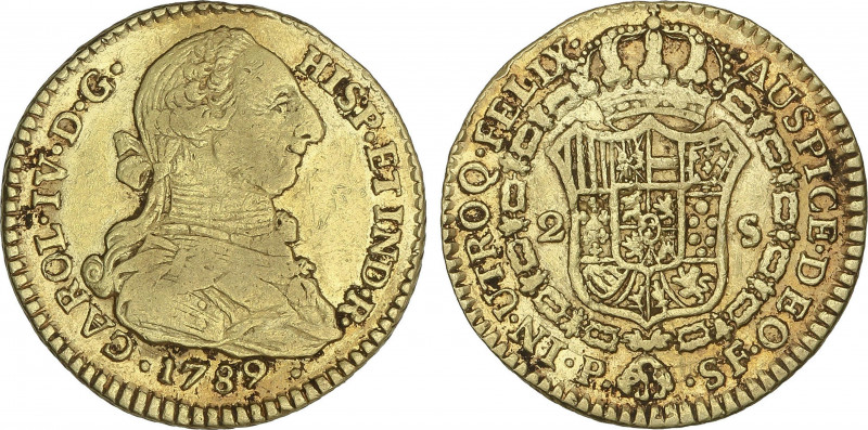 Spanish Monarchy
Charles IV
2 Escudos. 1789. POPAYÁN. S.F. 6,72 grs. Busto de ...