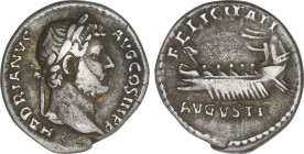 Roman Coins
Empire
Denario. Acuñada el 134-138 d.C. ADRIANO. Anv.: HADRIANVS AVG. COS. III. P. P. Busto laureado de Adriano a derecha. Rev.: FELICIT...