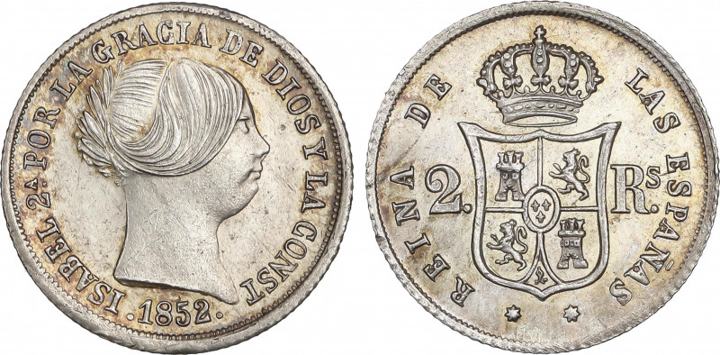 Spanish Monarchy
Elisabeth II
2 Reales. 1852. SEVILLA. RARA ASÍ. 2,69 grs. Pát...