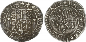 Spanish Monarchy
Ferdinand and Isabella
1 Real. GRANADA. Anv.: Escudo entre cruces latinas. Rev.: G en campo. 7 flechas. 3,3 grs. Pátina. AC-365. MB...