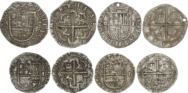 Spanish Monarchy
Philip II
Lote 4 monedas 1 (3), 2 Reales. SEVILLA. (Una de 1 ...