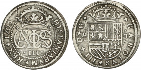 Spanish Monarchy
Charles III, Pretender
2 Reales. 1709. BARCELONA. 4,9 grs. (Leve rotura de cuño en anverso). AC-30. MBC.
