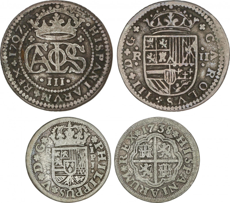 Spanish Monarchy
Charles III, Pretender
Lote 2 monedas 2 Reales. 1707, 1710. B...