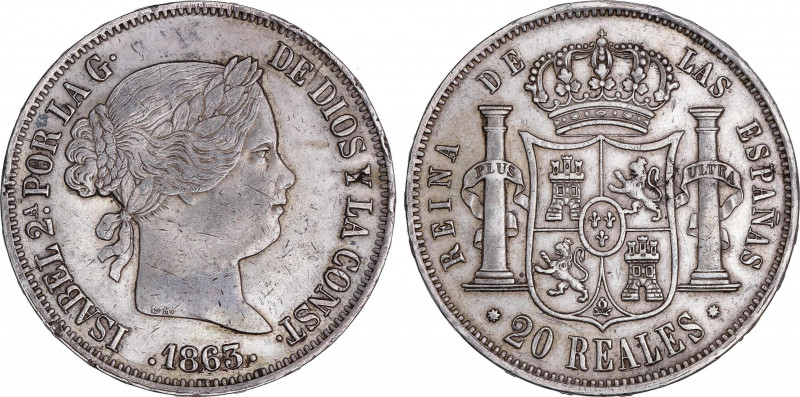 Spanish Monarchy
Elisabeth II
20 Reales. 1863. BARCELONA. MUY ESCASA. 25,88 gr...