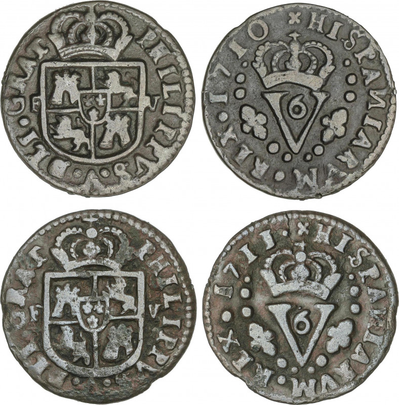 Spanish Monarchy
Philip V
Lote 2 monedas Sisó. 1710 y 1711. VALENCIA. Las dos ...