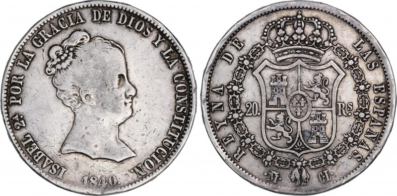 Spanish Monarchy
Elisabeth II
20 Reales. 1840. MADRID. C.L. RARÍSIMA. 26,87 gr...