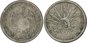 Spanish Monarchy
Elisabeth II
1 Peso. 1829. MANILA. 26,75 grs. Resello Y-II coronado sobre 8 Reales México 1829 Guanajuato M.J. (Oxidaciones limpiad...
