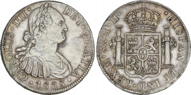 Spanish Monarchy
Charles IV
8 Reales. 1808. MÉXICO. T.H. 26,92 grs. (Pequeños golpecitos). Ligera pátina. AC-988. MBC+.