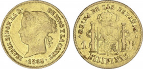 Spanish Monarchy
Elisabeth II
1 Peso. 1865. MANILA. 1,66 grs. AU. Acuñación floja. AC-829. MBC-.