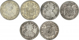 Spanish Monarchy
Charles IV
Lote 3 monedas 8 Reales. 1797, 1808 (2). POTOSI. P.J. y P.P. Una de las de 1808 resellos chinos. A EXAMINAR. AC-1001, 10...