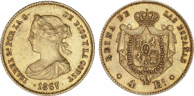 Spanish Monarchy
Elisabeth II
4 Escudos. 1867/6. MADRID. 3,34 grs. Sobrefecha muy clara. (leves rayitas). AC-690. EBC-.