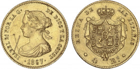 Spanish Monarchy
Elisabeth II
4 Escudos. 1867. MADRID. 3,34 grs. (Graffitti en forma de X). AC-691. MBC+.