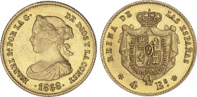 Spanish Monarchy
Elisabeth II
4 Escudos. 1868. MADRID. 3,34 grs. (pequeñas rayitas). AC-693. EBC-/EBC.