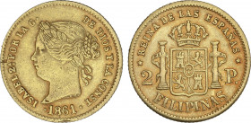 Spanish Monarchy
Elisabeth II
2 Pesos. 1861. MANILA. 3, 34 grs. (Leves golpecitos y pequeñas hojitas en anverso). AC-836. MBC.