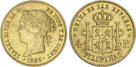 Spanish Monarchy
Elisabeth II
4 Pesos. 1862. MANILA. 6,74 grs. (Leves golpecitos). Restos de brillo. AC-854. MBC+.