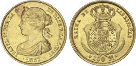 Spanish Monarchy
Elisabeth II
100 Reales. 1857. MADRID. 8,33 grs. (Rayitas en anverso y manchita). AC-784. EBC-.