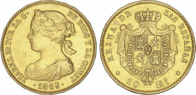 Spanish Monarchy
Elisabeth II
10 Escudos. 1865. MADRID. 8,35 grs. (Leves rayitas y golpecitos, descolgada). AC-810. MBC+.