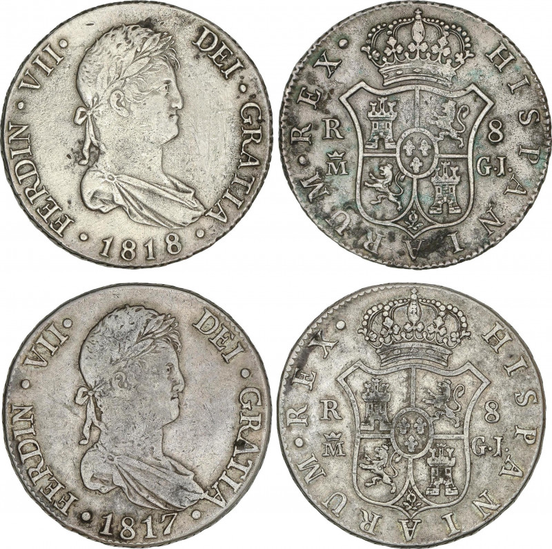 Spanish Monarchy
Ferdinand VII
Lote 2 monedas 8 Reales. 1817, 1818. MADRID. G....