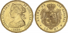 Provisional Government and I Republic
10 Escudos. 1868. MADRID (*18-73). Acuñada durante el período de la I República con busto de Isabel II. (Leves ...