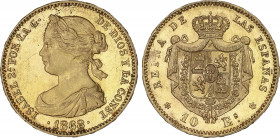 Provisional Government and I Republic
10 Escudos. 1868 (*18-73). 8,33 grs. Acuñada durante el período de la I República con busto de Isabel II. Brill...