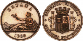 Provisional Government and I Republic
Medalla Soberanía Nacional. 1868. Anv.: Matrona tumbada con los pies en el Peñón de Gibraltar y el brazo en los...
