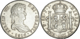 Spanish Monarchy
Ferdinand VII
8 Reales. 1816. POTOSÍ. P.J. 26,8 grs. (Limpiada). AC-1380. EBC-.