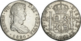 Spanish Monarchy
Ferdinand VII
8 Reales. 1820. POTOSÍ. P.J. 26,83 grs. (Oxidaciones limpiadas y Rayitas en busto). AC-1384. MBC+/EBC-.