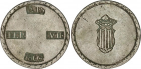 Spanish Monarchy
Ferdinand VII
5 Pesetas. 1809. TARRAGONA. 26,4 grs. Cero de la fecha grande y escudo más estrecho. (inscripción manuscrita en anver...