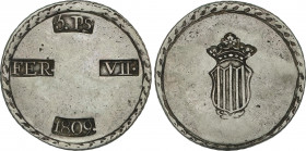 Spanish Monarchy
Ferdinand VII
5 Pesetas. 1809. TARRAGONA. 26,63 grs. Cero de la fecha grande y escudo ancho. AC-1429. MBC.