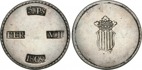 Spanish Monarchy
Ferdinand VII
5 Pesetas. 1809. TARRAGONA. 25,45 grs. Cero de la fecha grande y escudo ancho. AC-1429. MBC.