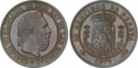 Charles VII, Pretender
10 Céntimos. 1875. BRUSELAS. AE. Anverso y reverso coincidentes. Tipo medalla. Ligera pátina. EBC+.