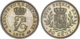 Charles VII, Pretender
50 Céntimos. 1876. BRUSELAS. RARA. AR. Preciosa pátina. SC.