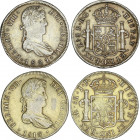 Spanish Monarchy
Ferdinand VII
Lote 2 monedas 8 Reales. 1816, 1821. LIMA-J.P. y ZACATECAS-R.G. (La de 1821 resto soldadura a las 12h). Restos de sob...