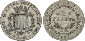 Spanish Monarchy
Elisabeth II
1 Peseta. 1836. BARCELONA. P.S. 5,89 grs. Canto estriado. Sin punto entre ensayadores. AC-271. MBC.