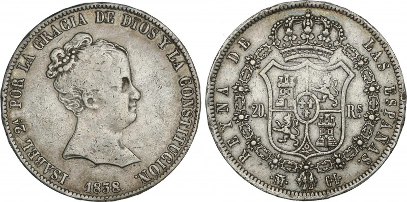 Spanish Monarchy
Elisabeth II
20 Reales. 1838. MADRID. C.L. ESCASA. 27 grs. (P...