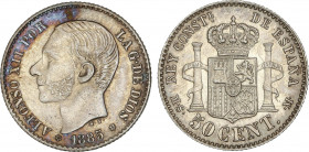 Alfonso XII
50 Céntimos. 1885 (*8-6). M.S.-M. Pátina algo irregular. EBC+.