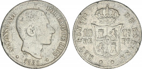 Alfonso XII
10 Centavos de Peso. 1880. MANILA. MUY RARA. BC+.