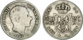 Alfonso XII
10 Centavos de Peso. 1884. MANILA. MUY ESCASA. BC+/MBC-.