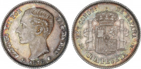 Alfonso XII
1 Peseta. 1876 (*18-76). D.E.-M. RARA EN ESTA CALIDAD. Bellísima. Preciosa pátina. Encapsulada por NGC MS 65 (nº 5786752-003). SC.