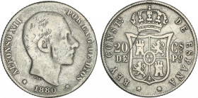 Alfonso XII
20 Centavos de Peso. 1880. MANILA. MUY ESCASA. (Raya en reverso). MBC-.