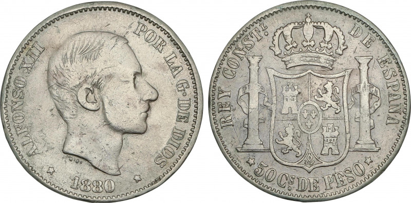 Alfonso XII
50 Centavos de Peso. 1880. MANILA. ESCASA. (Rayitas y golpecitos en...