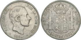 Alfonso XII
50 Centavos de Peso. 1880. MANILA. ESCASA. (Rayitas y golpecitos en anverso). BC+.